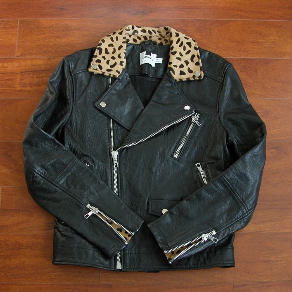 TOPMAN Men’s Leather Biker Jacket with Leopard Collar Mens M Motorcycle